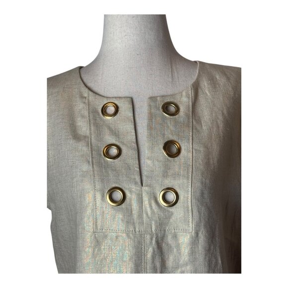 J Crew Dress Women 2 Beige Metallic Gold Linen Shift Mini Lagenlook Preppy - Picture 6 of 13